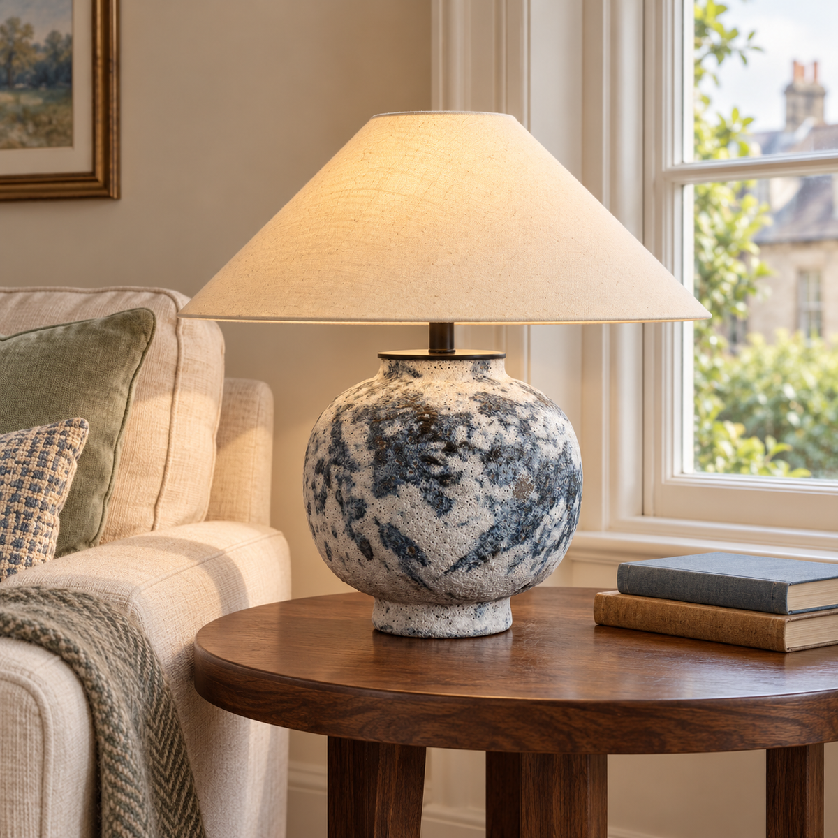 Grey marbled ceramic table lamp with wide fabric shade beside a living room sofa
