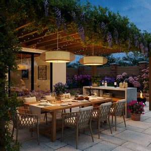 bamboo pendant lights in a garden patio dining scene
