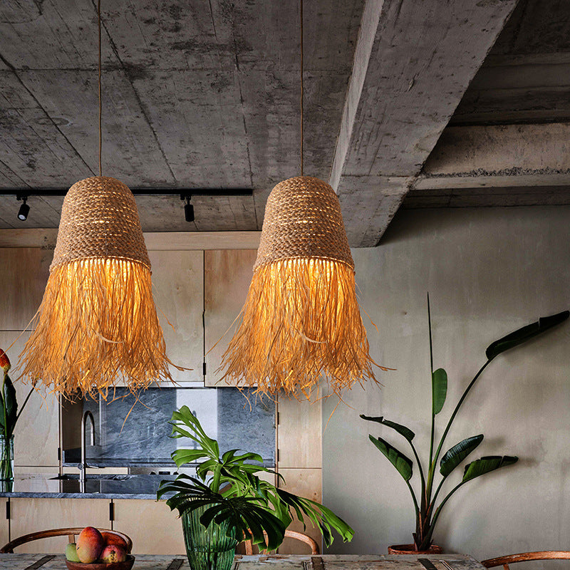 Handcrafted Woven Grass Vine Hat LED Pendant Light