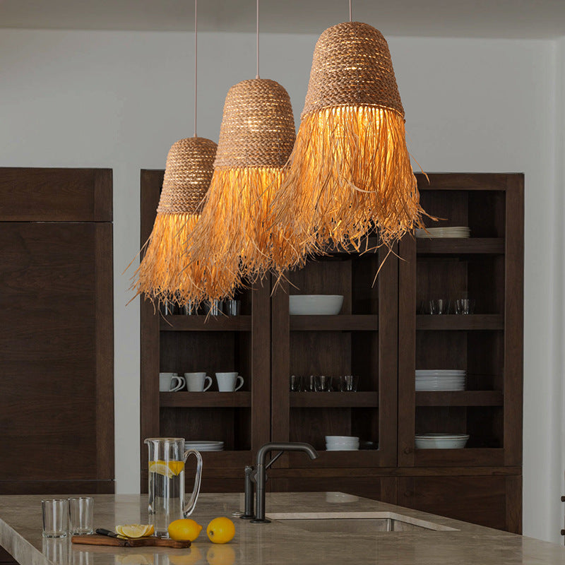 Handcrafted Woven Grass Vine Hat LED Pendant Light