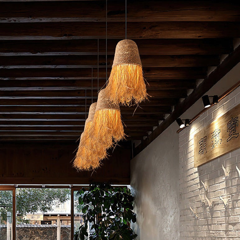 Handcrafted Woven Grass Vine Hat LED Pendant Light