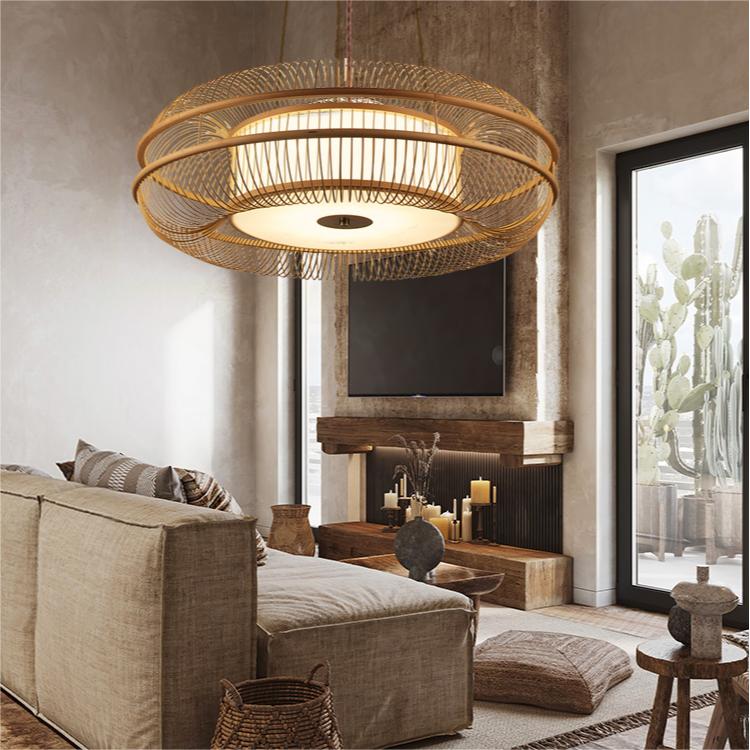 Hanging LED Bamboo Pendant Light Drum-Shaped 45/60/70/80 Dia