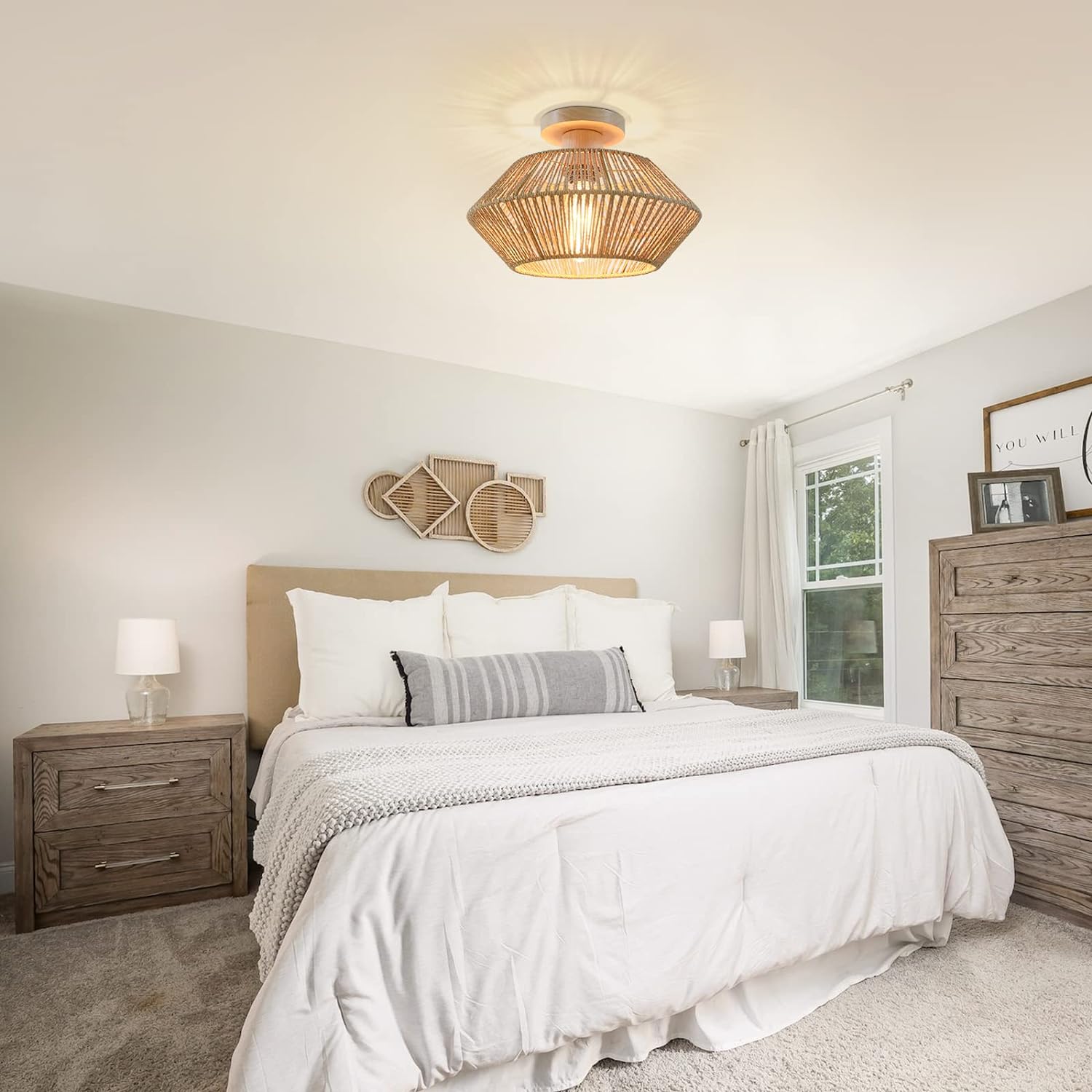 Rustic Hemp Rope Flush Ceiling Light – Handwoven Rattan Fixture Hallways & Entryways