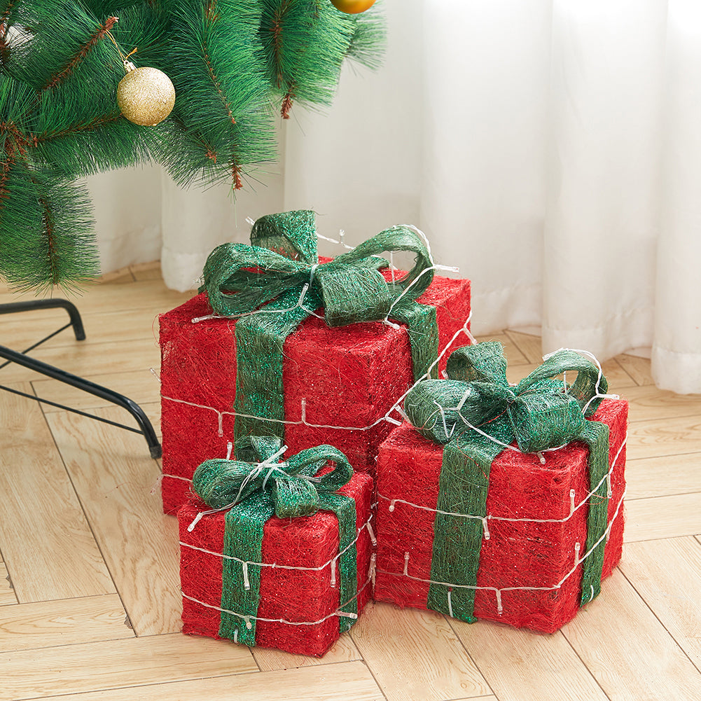 3-Piece Christmas Decor Gift Box Set | Linen-Wrapped Square Boxes with Fairy Lights