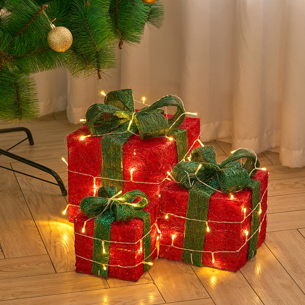 3 Piece Christmas Decor Gift Box Set Linen Wrapped Square Boxes Fairy Lights