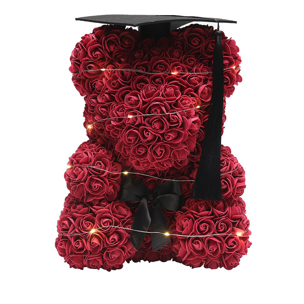 ‍Simulation Foam Forever Rose Teddy Bear Gift Box-Black Tassel Black Hat-Burgundy (100% off)