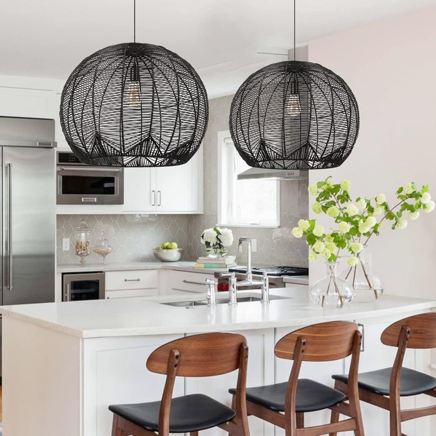 Black Handcrafted Sphere Rattan Pendant Light for Kitchen Island