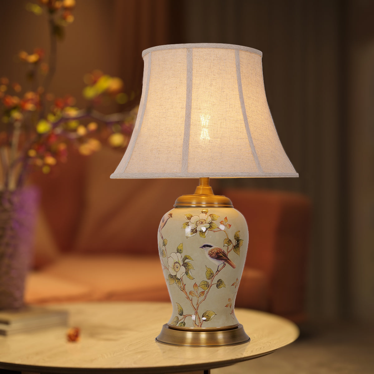 Handmade Vintage Ceramic Bird Floral-Pattern Table Lamp with Fabric Shade for Living Room and Bedroom