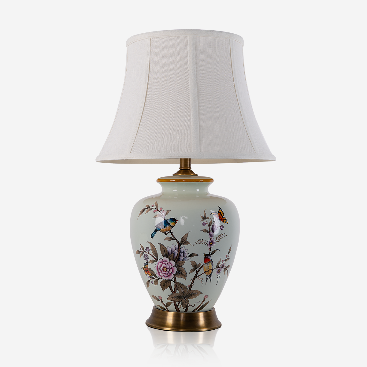 Hand-Painted Vintage Ceramic Bird & Floral Table Lamp in Soft Celadon Green for Living Room, Bedroom