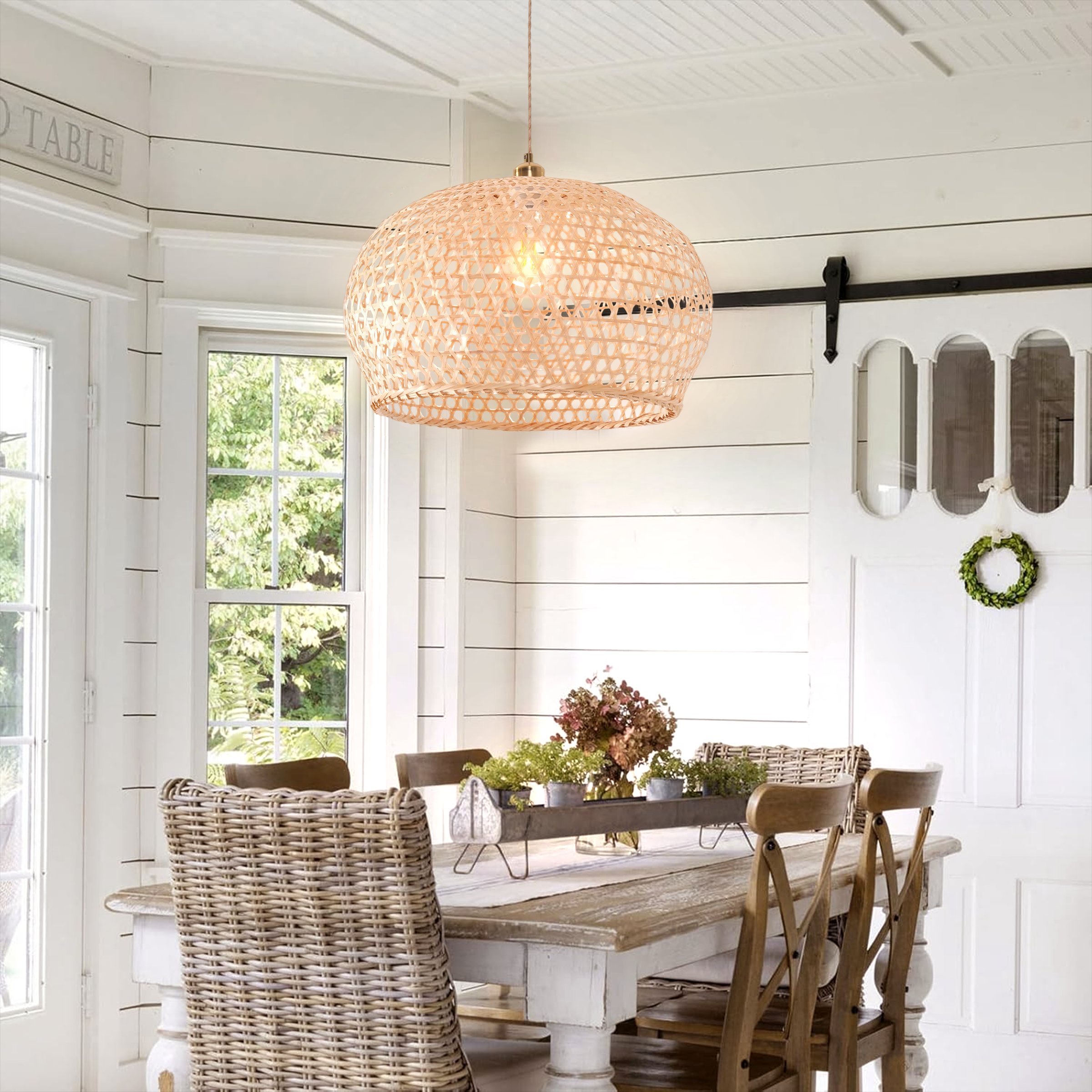 Natural Bamboo Pendant Light with Handwoven Lampshades in Four Sizes