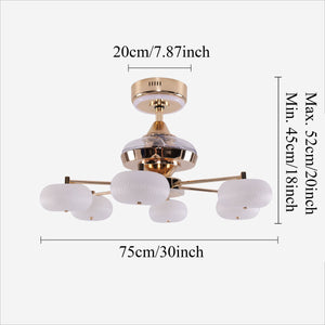 Copper acrylic ceiling fan light size guide showing 75 cm width and 20 cm canopy