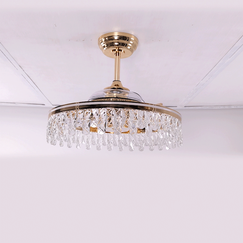Gold crystal ceiling fan light GIF showing remote-controlled function