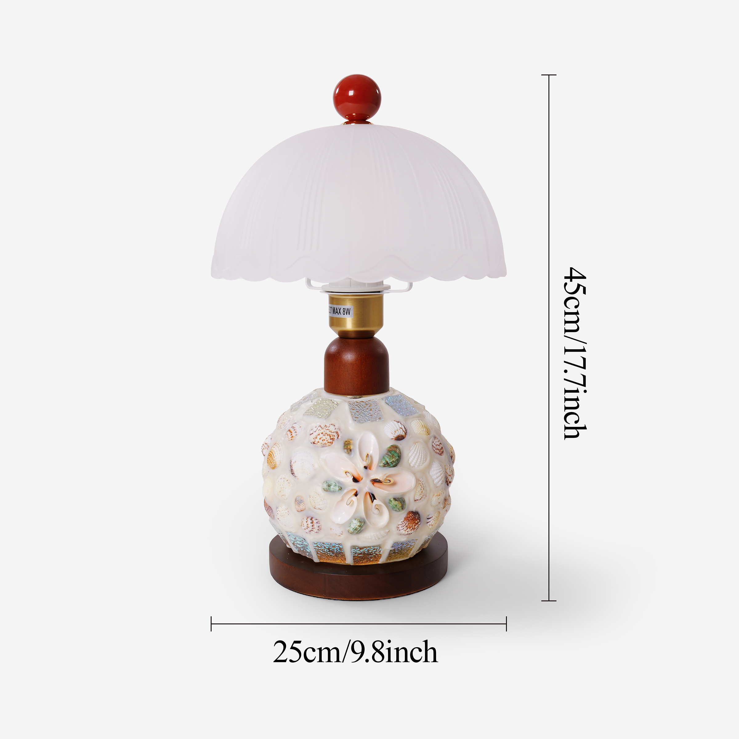 seashell mosaic table lamp with close-up shade and base details