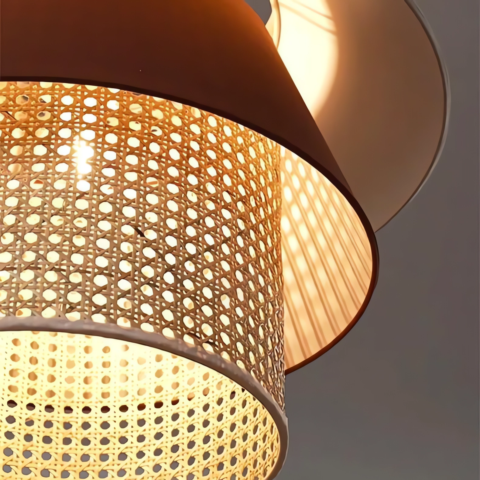 Hat-Shaped LED Light Combining Rattan and Fabric Pendant Light