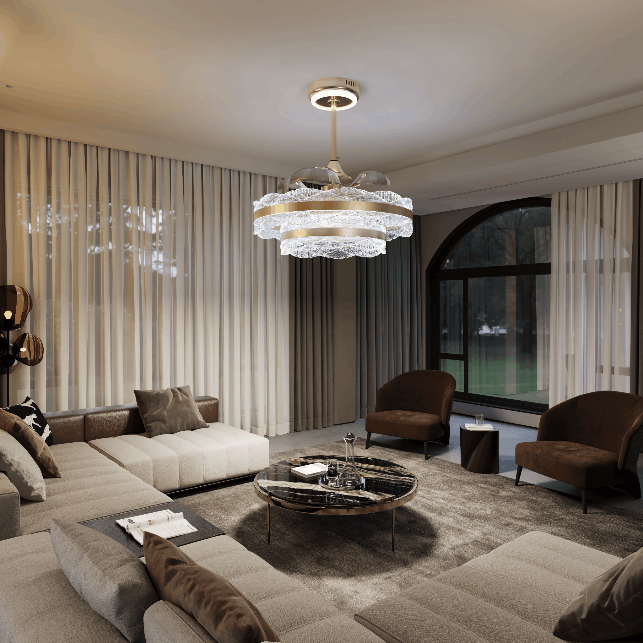 Acrylic Adjustable Colour Temperature Fan Light with Remote & Timer light in a home interior