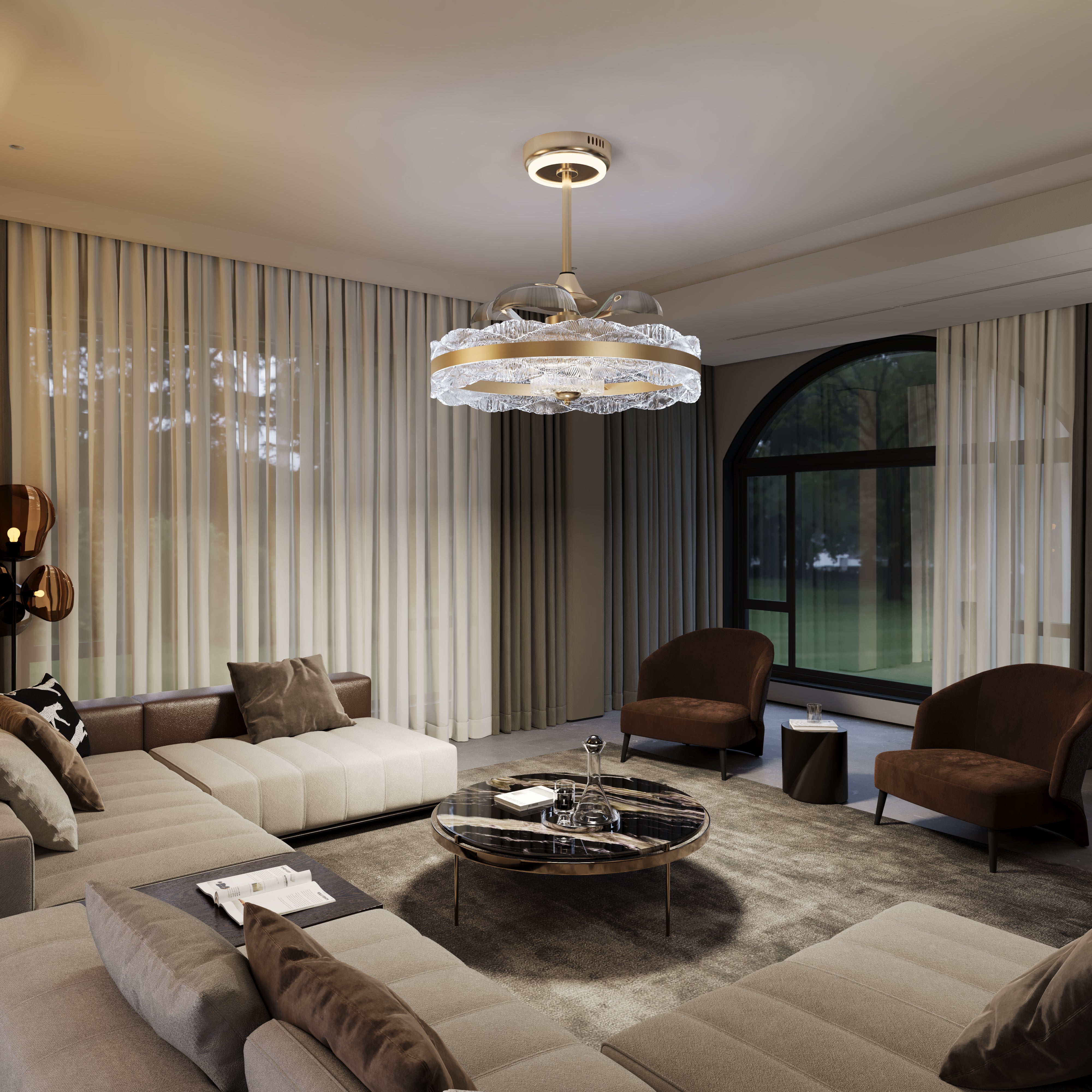 Acrylic Adjustable Colour Temperature Fan Light with Remote & Timer light in a home interior