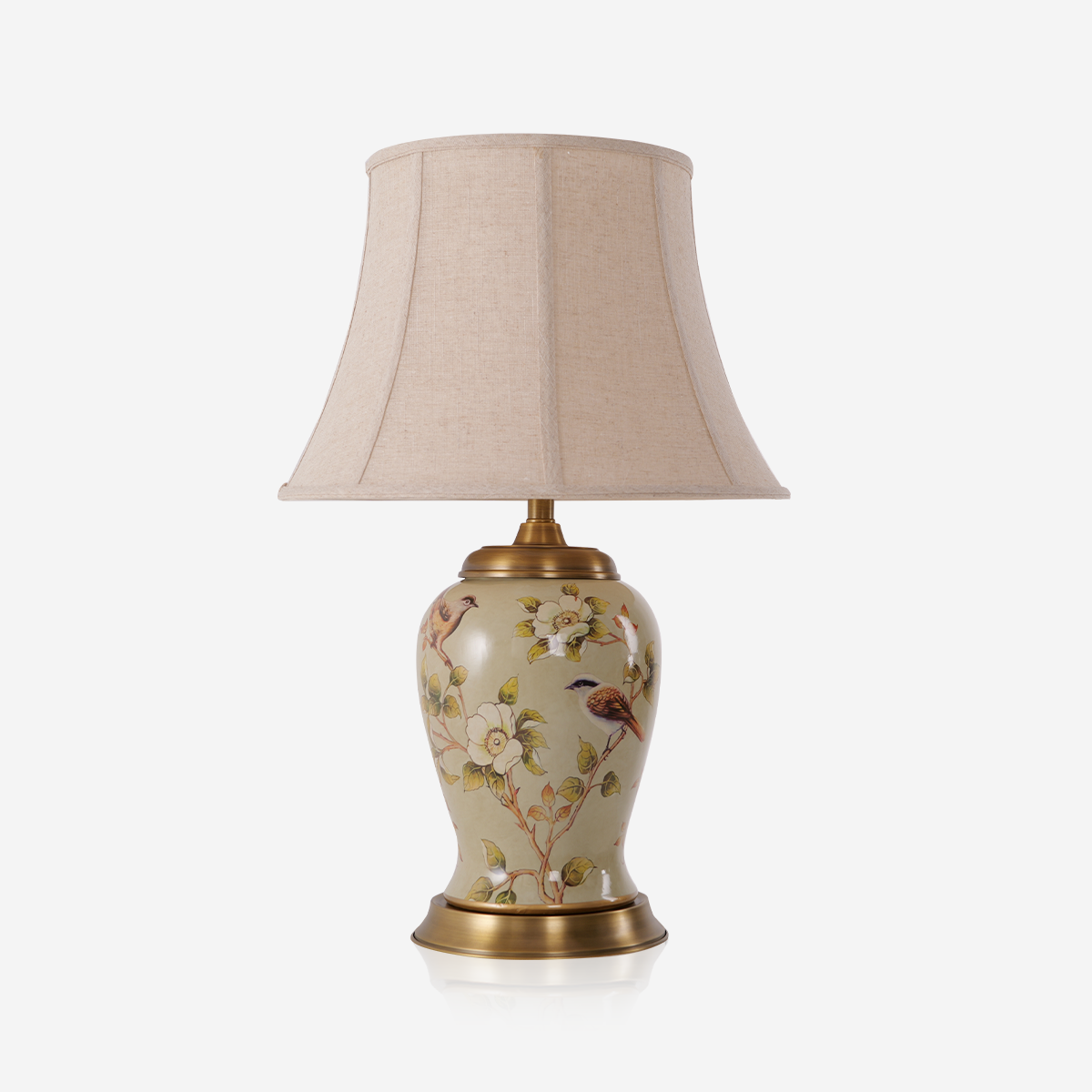 Vintage Camellia Ceramic Table Lamp with Copper Base and Fabric Shade