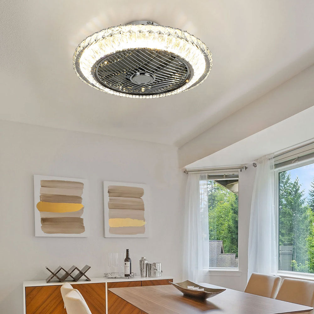 Sliver Round Crystal Flush Mount LED Ceiling Fan with Light