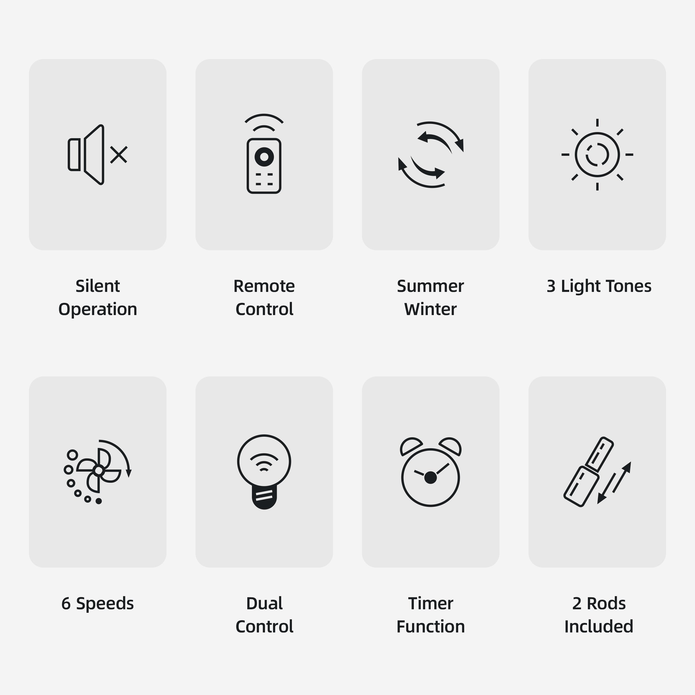 Feature icons for quiet walnut effect LED ceiling fan light with remote control