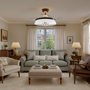 36 inch ceiling fan with dimmable LED light with a compact motor and blade detail