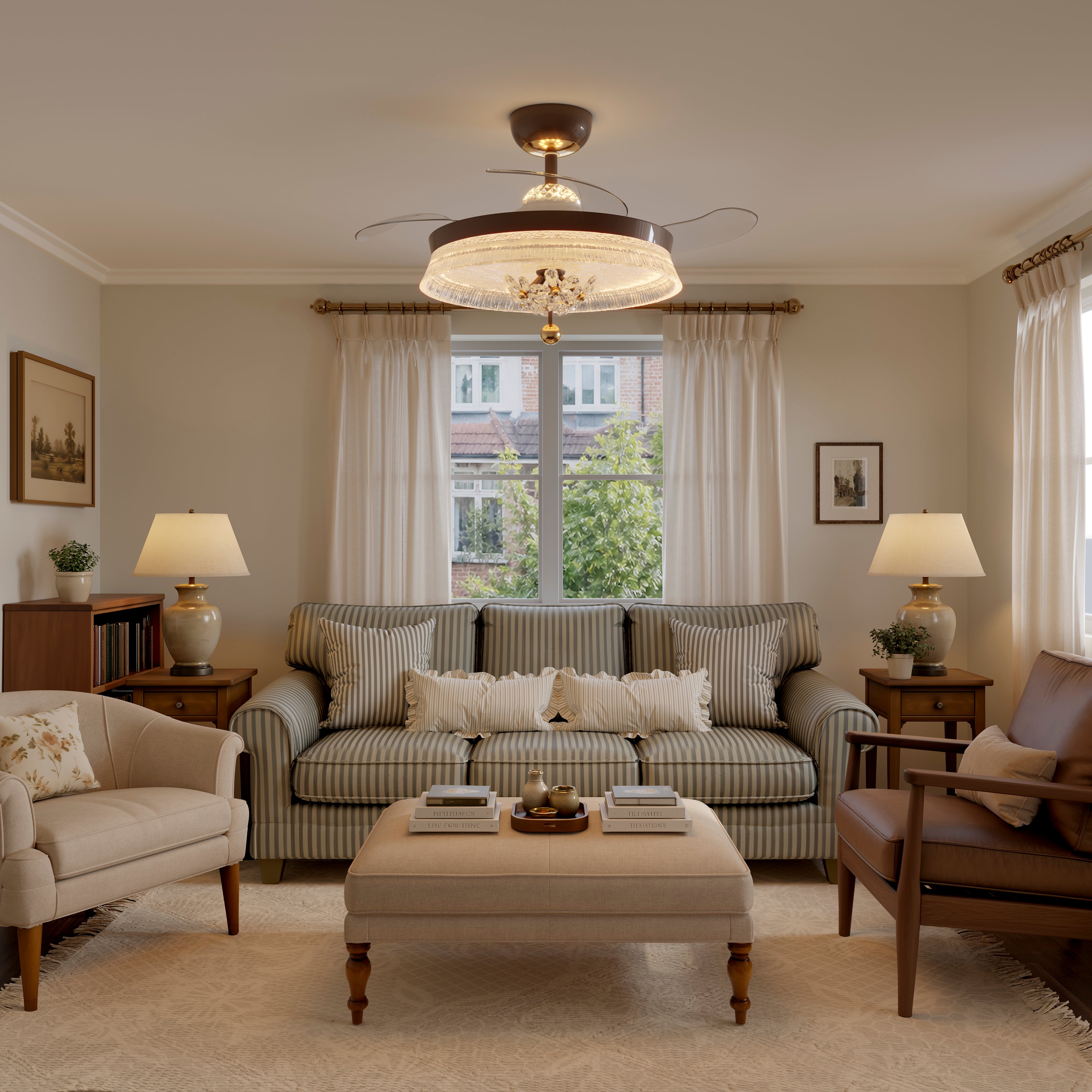 36 inch ceiling fan with dimmable LED light cooling a bright bedroom