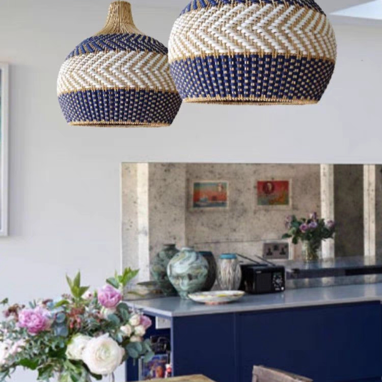 Handwoven Blue and White Rattan Pendant Light