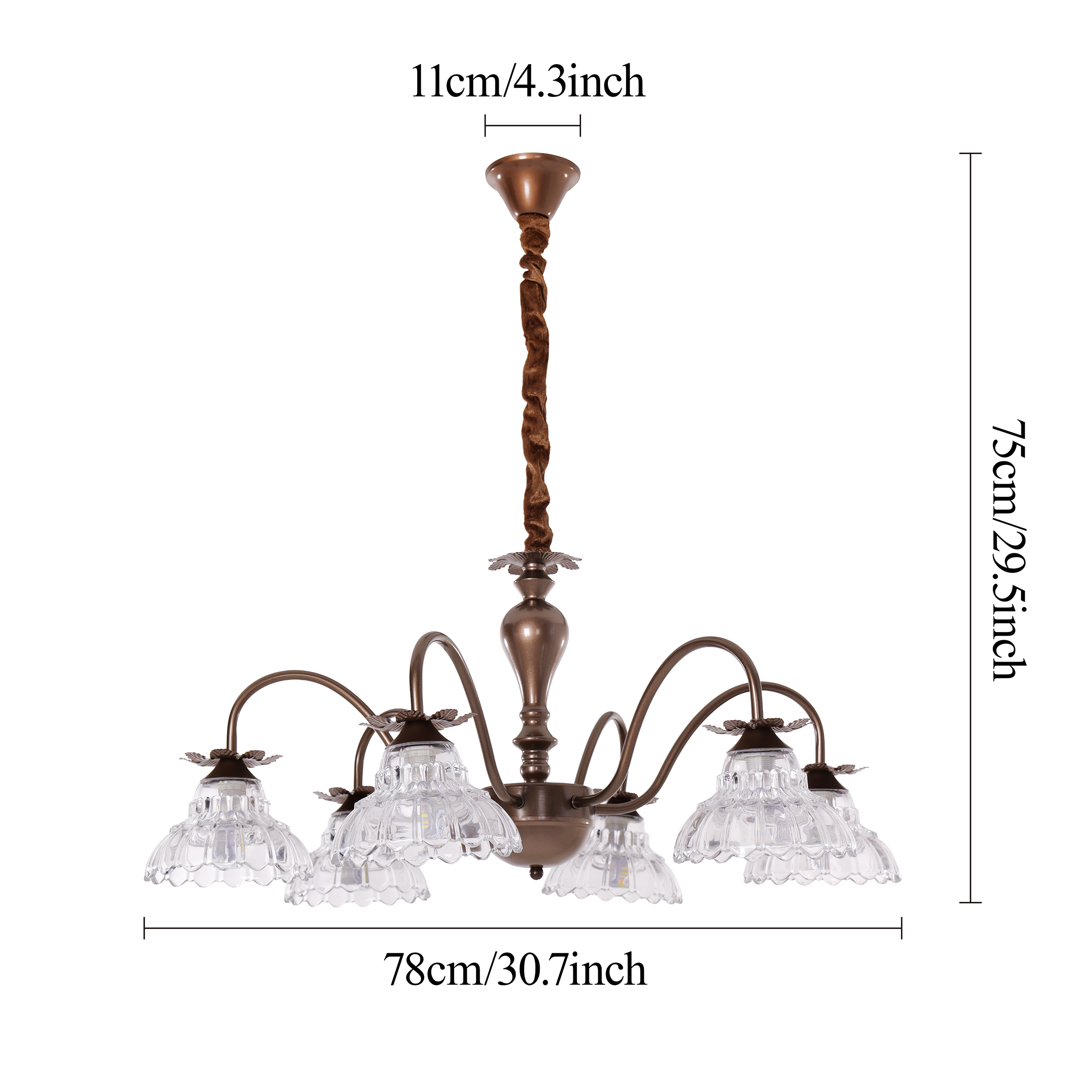 gold 6-light floral glass chandelier with close-up glass flower detail