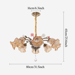 antique bronze chandelier with amber flower shades with close-up glass flower detail