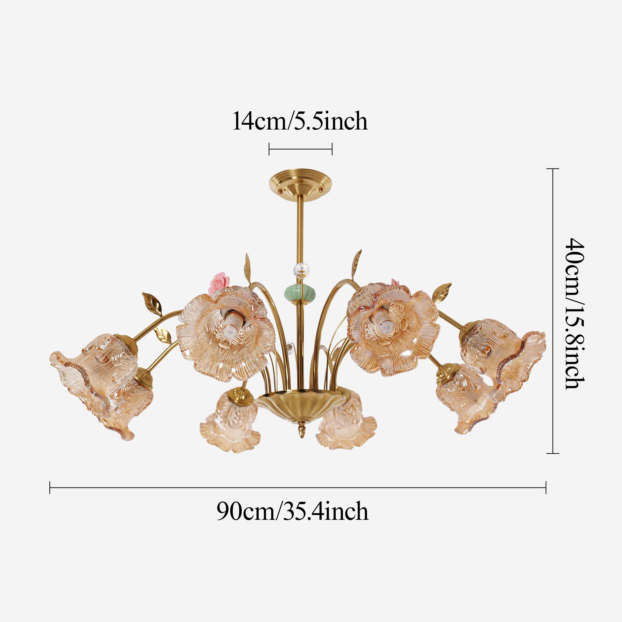 gold 8-light chandelier with pink floral glass shades with close-up glass flower detail