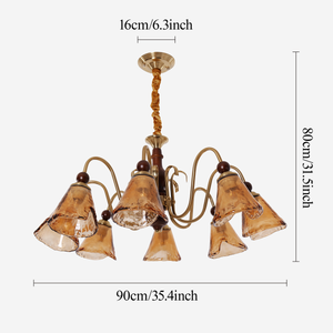 8-light walnut chandelier with amber cut glass shades with close-up glass flower detail