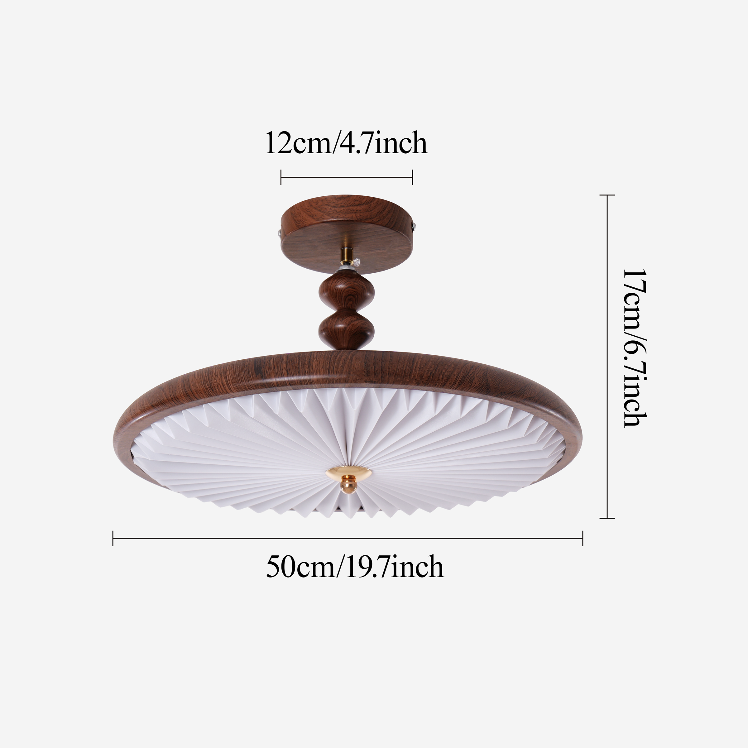 walnut pleated flush ceiling light shown as a clean product view
