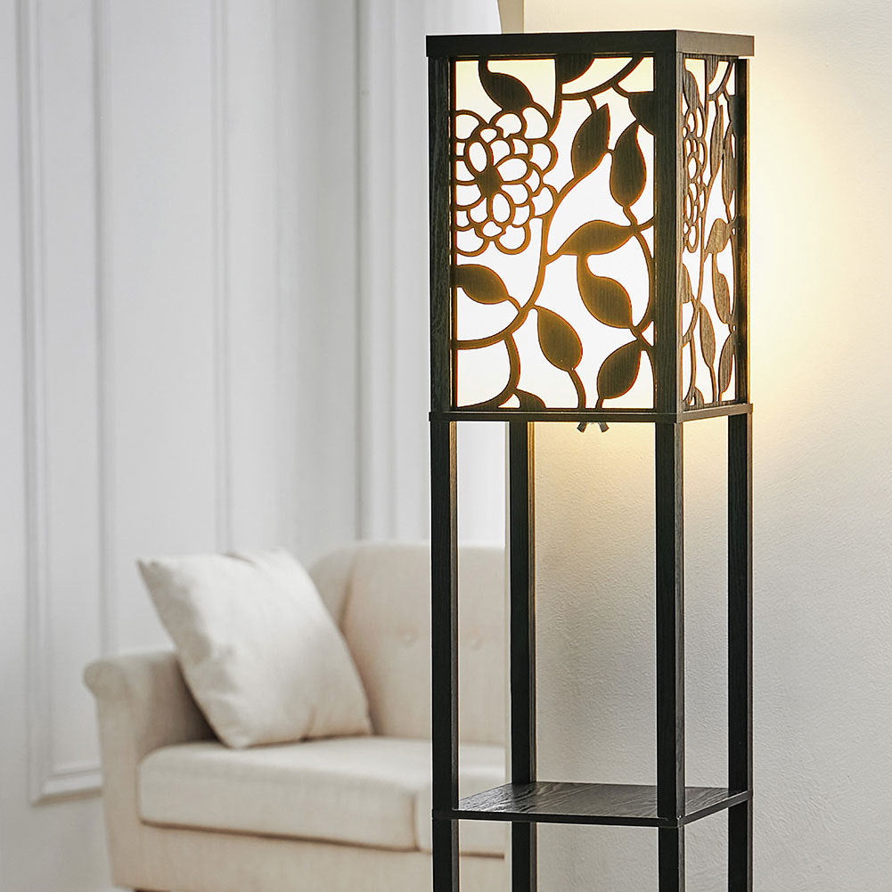 Floor Lamp with Vine Leaves Linen Shade 3 Layers Modern Reading Lamp