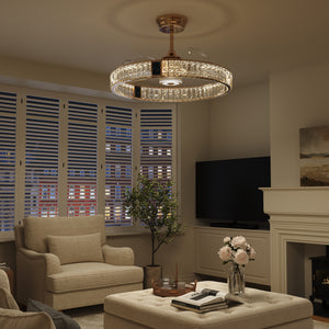 Elegant gold ceiling fan light with crystal accents in a home interior