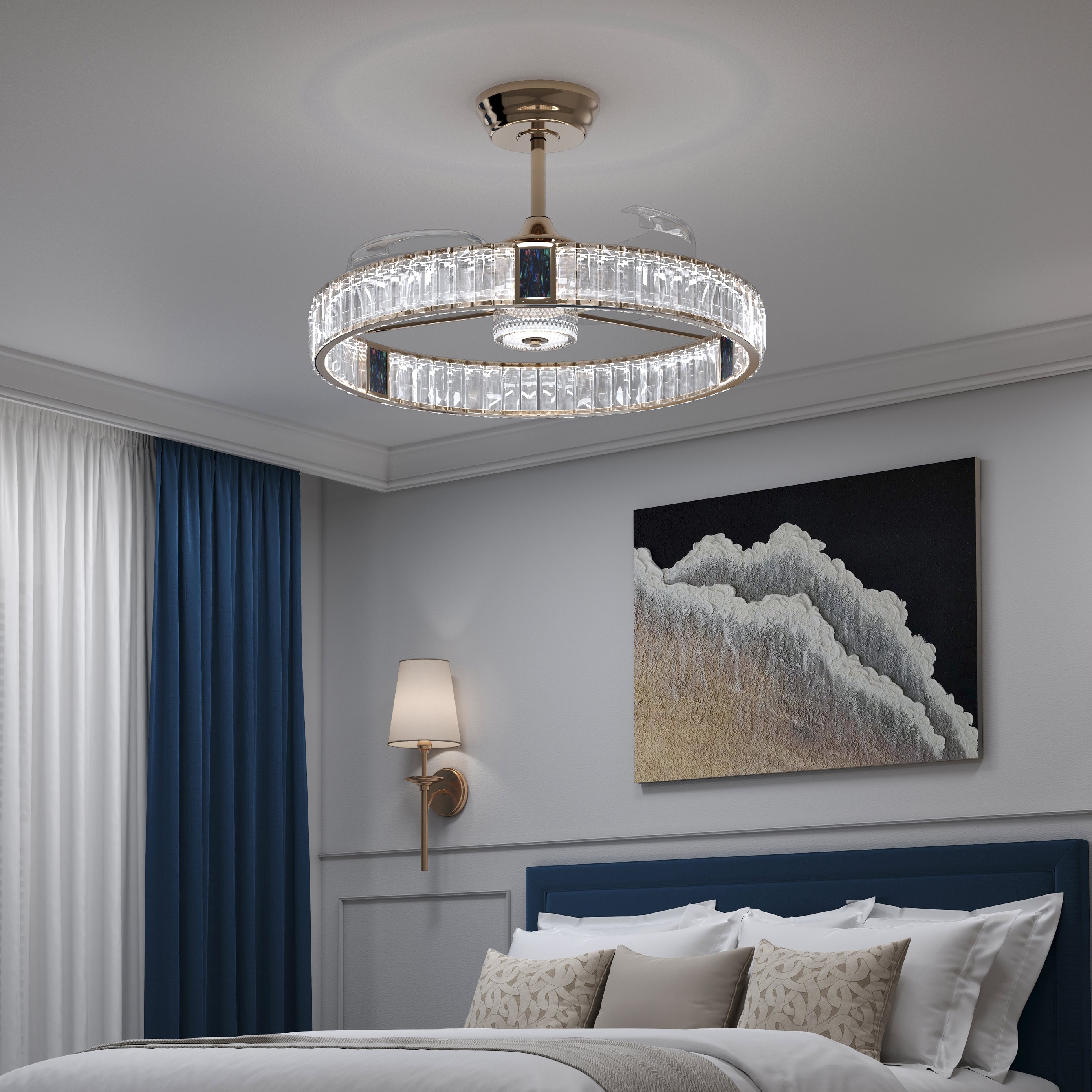 Decorative gold ceiling fan with light and crystal chandelier style detail