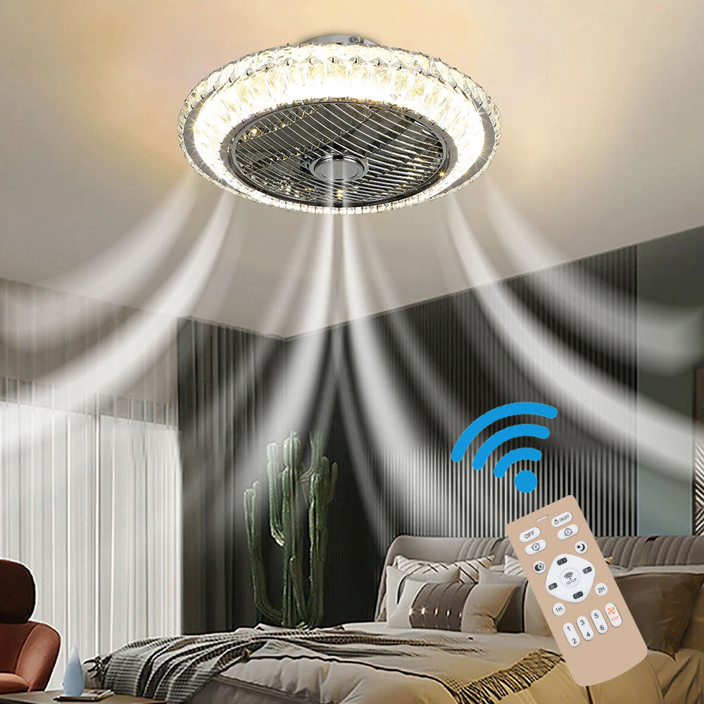 Sliver Round Crystal Flush Mount LED Ceiling Fan with Light