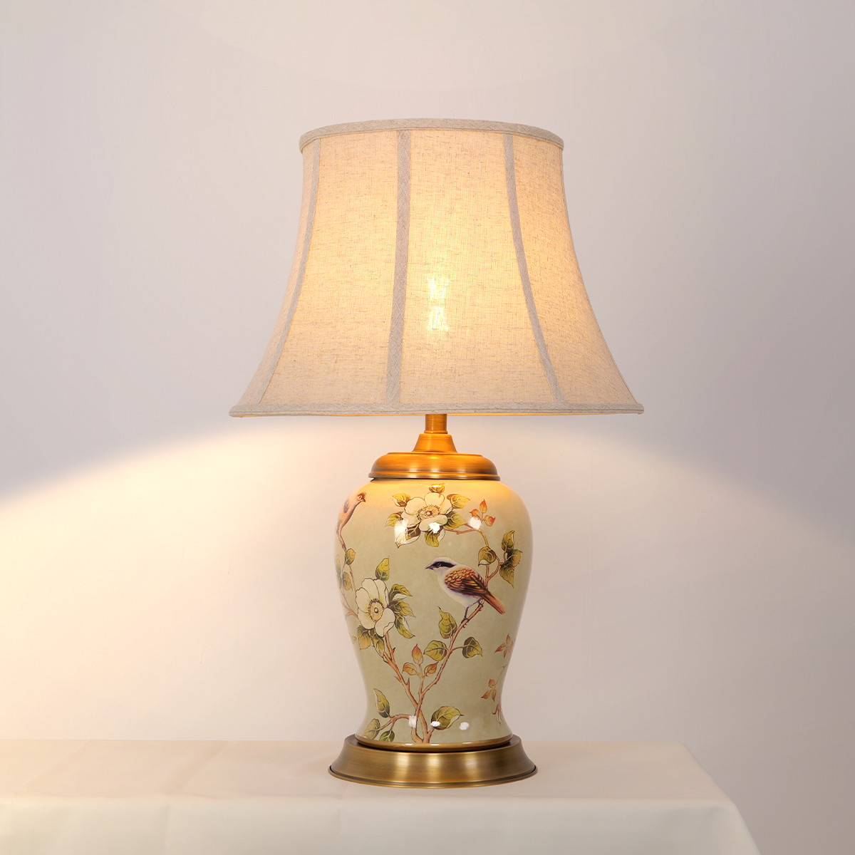 Vintage Camellia Ceramic Table Lamp with Copper Base and Fabric Shade