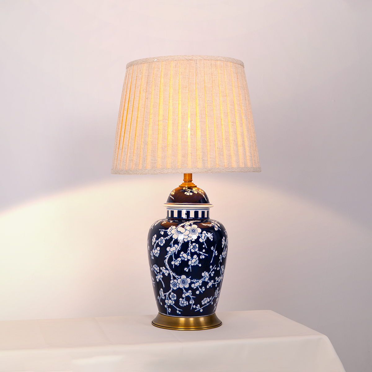 Vintage Floral Ceramic Table Lamp with Brass Base and Fabric Shade