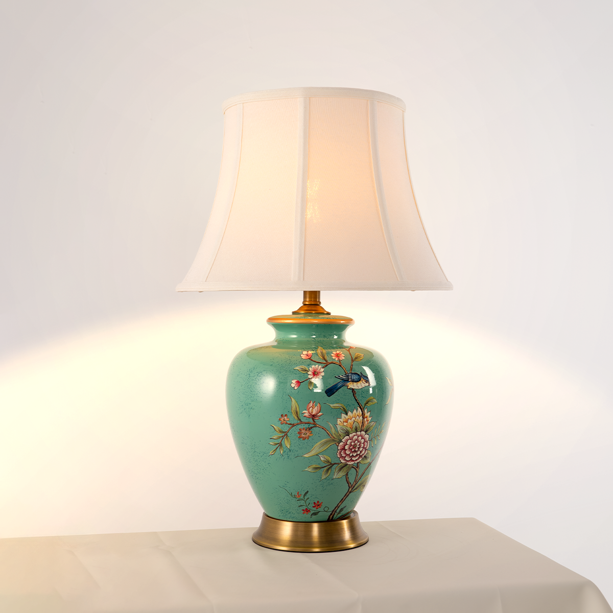 Vintage Green Floral Ceramic Table Lamp with Fabric Shade