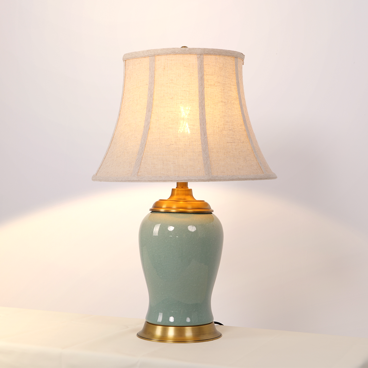 Vintage Green Crackle Ceramic Table Lamp with Fabric Shade