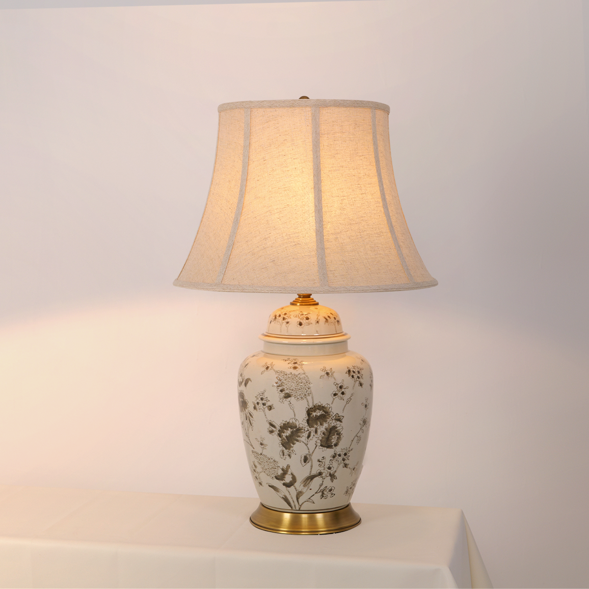 Chrysanthemum Ceramic and Copper Table Lamp with Fabric Shade