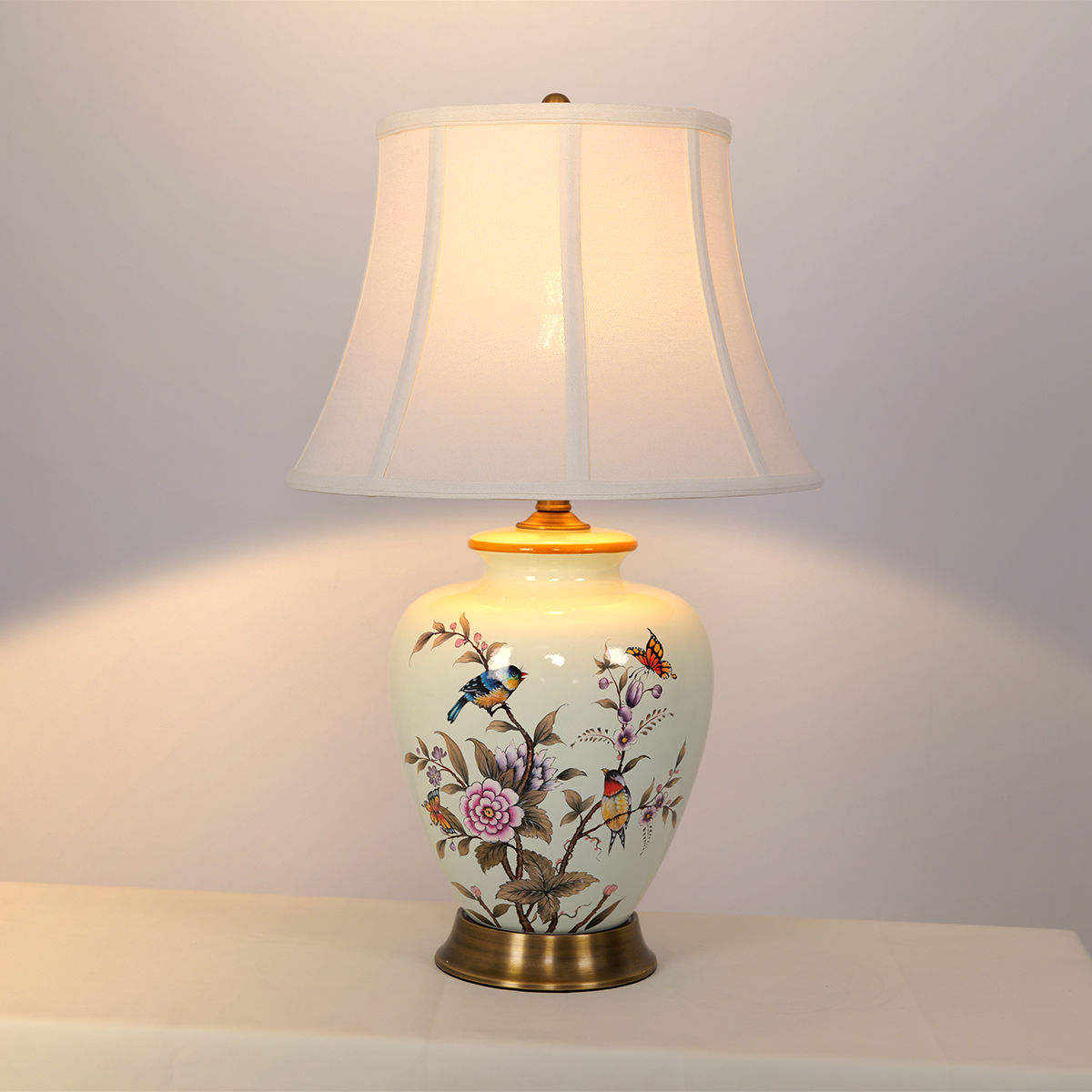 Vintage Ceramic Floral Table Lamp with Fabric Shade and Copper Base