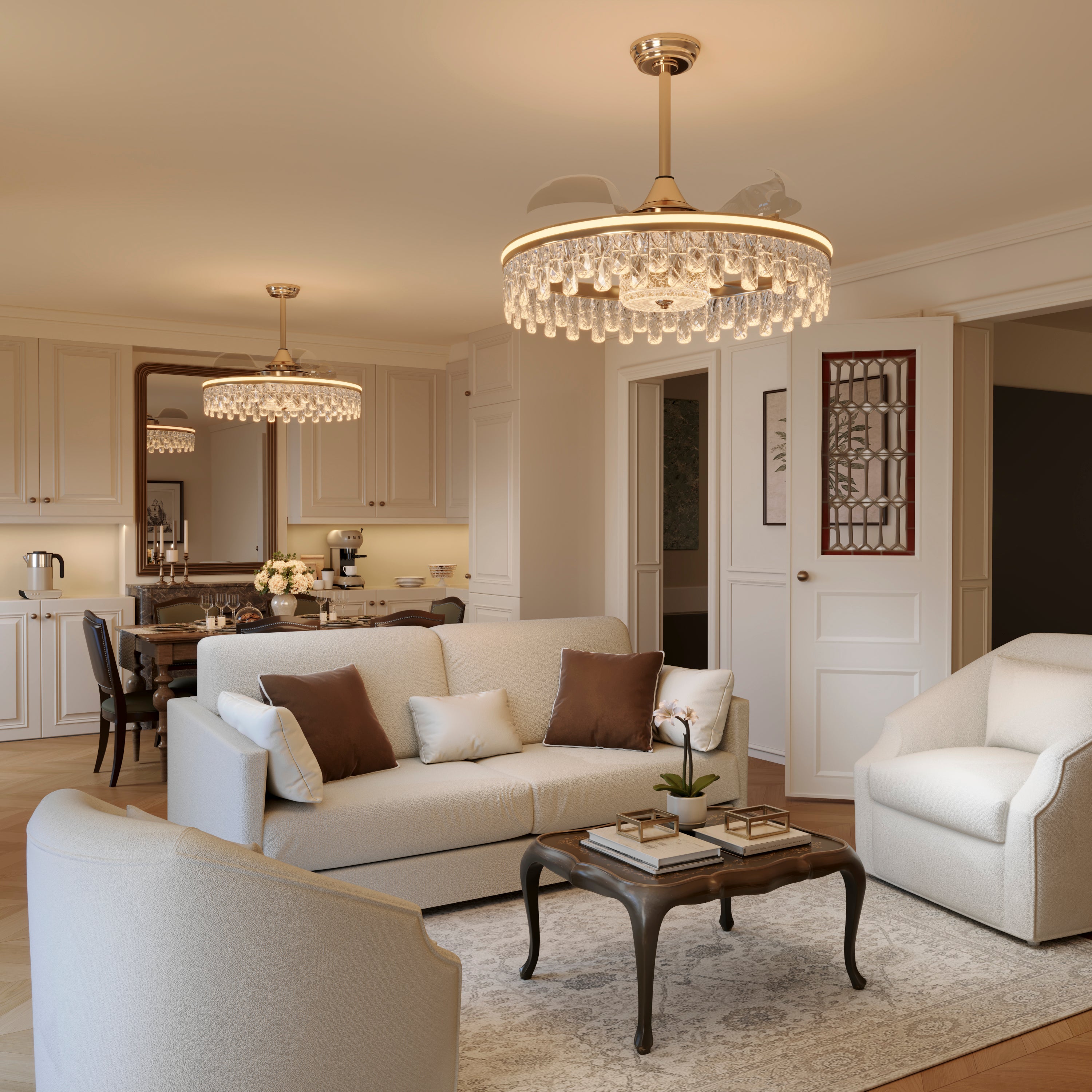 Ceiling Fan with Light Gold Crystal Design & Adjustable Color light in a home interior