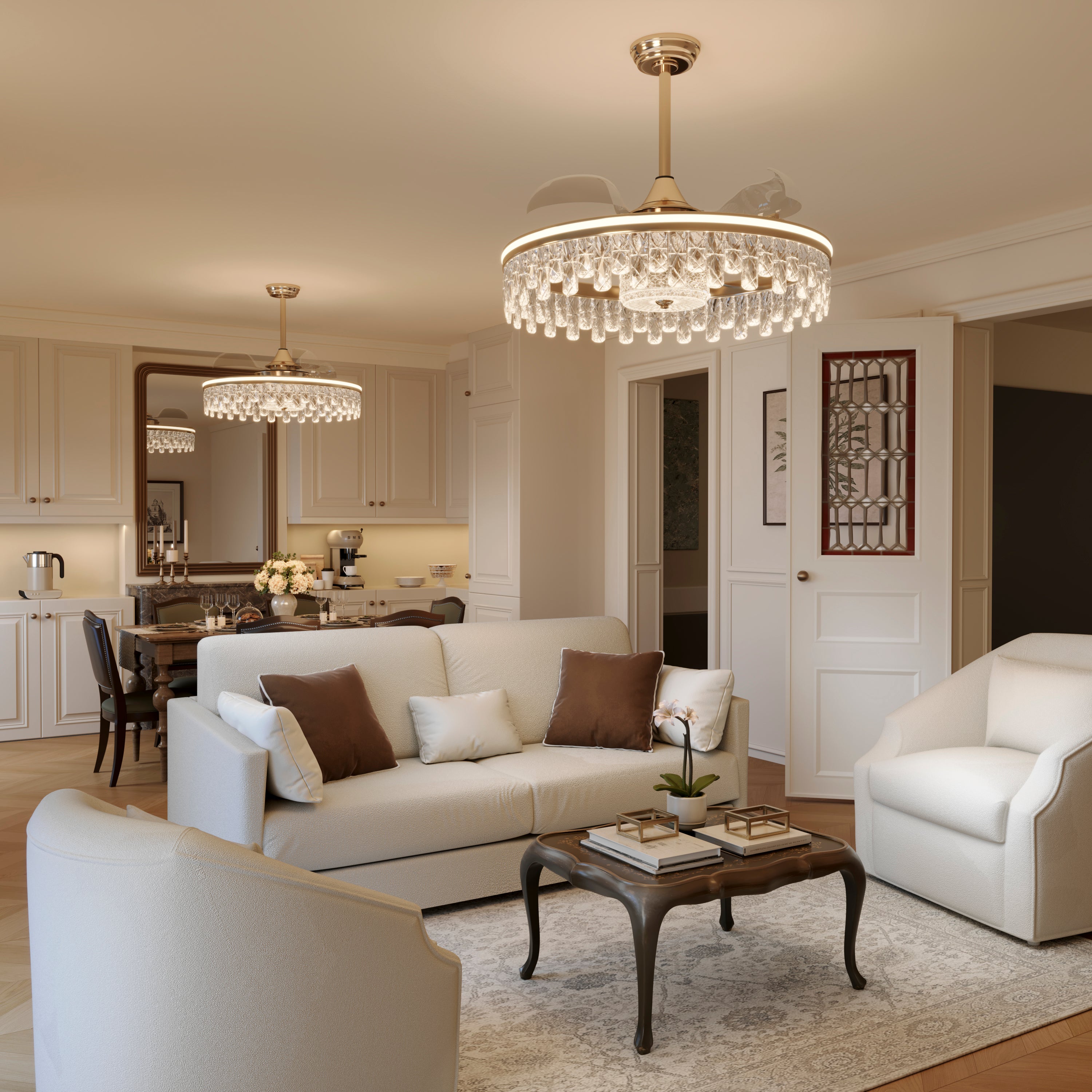 Ceiling Fan with Light Gold Crystal Design & Adjustable Color light in a home interior
