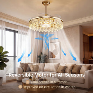 Ceiling Fan with Light Gold Crystal Design & Adjustable Color light in a home interior