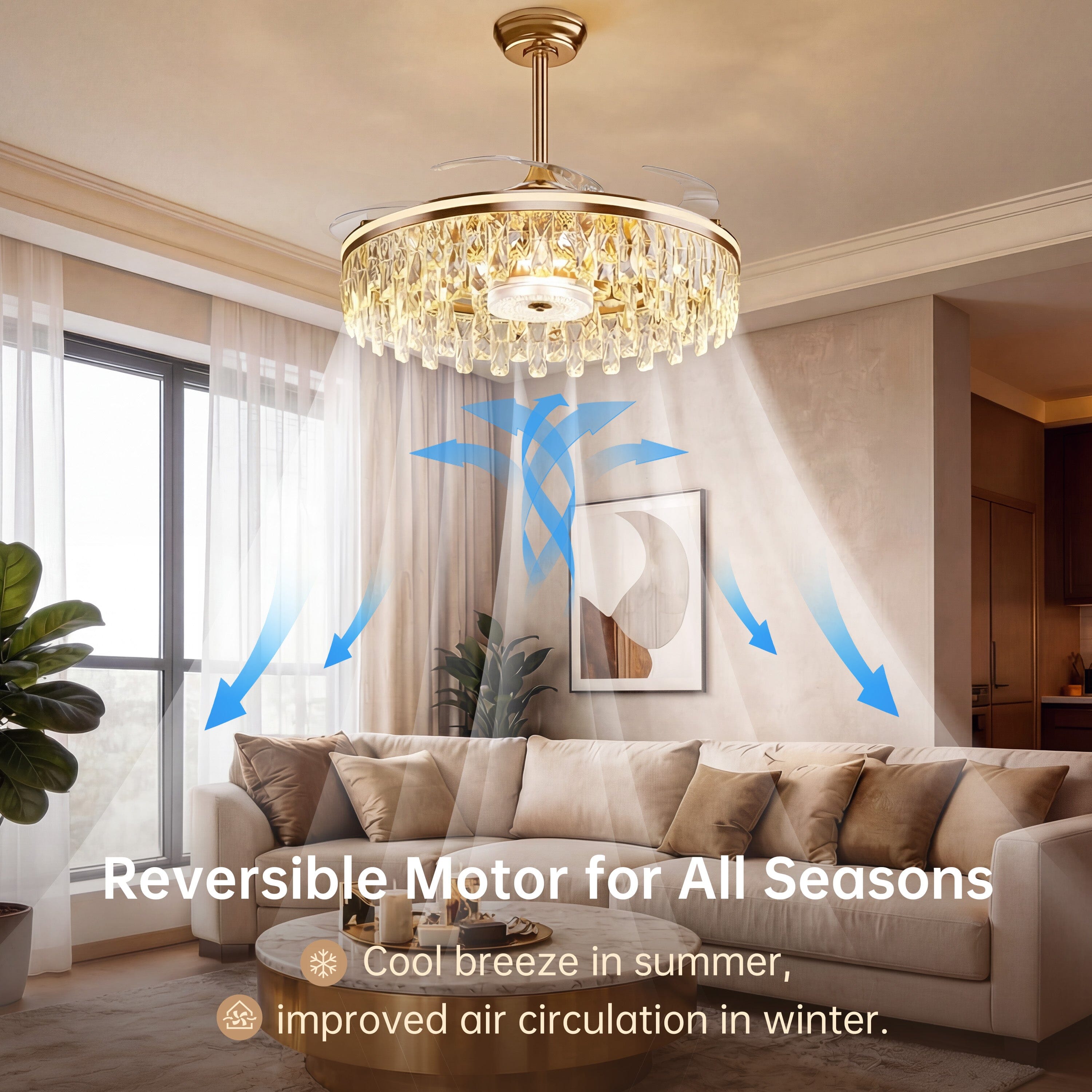 Ceiling Fan with Light Gold Crystal Design & Adjustable Color light in a home interior