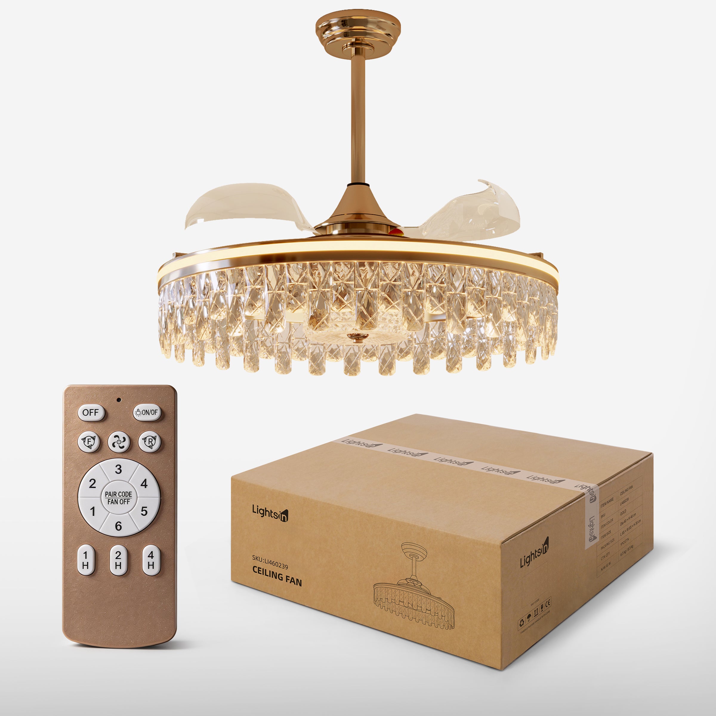 Ceiling Fan with Light Gold Crystal Design & Adjustable Color light on a bedroom bedside