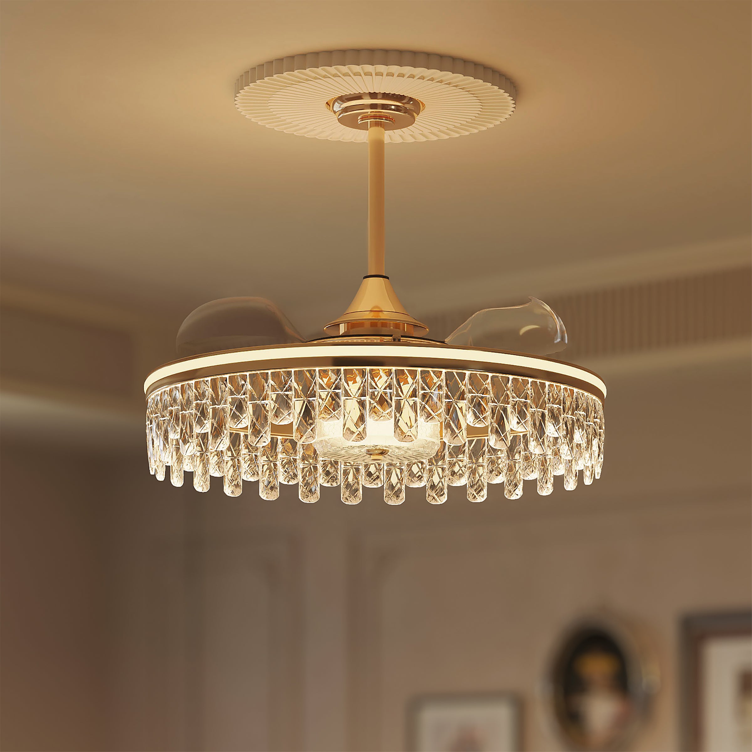 Ceiling Fan with Light Gold Crystal Design & Adjustable Color light in a home interior