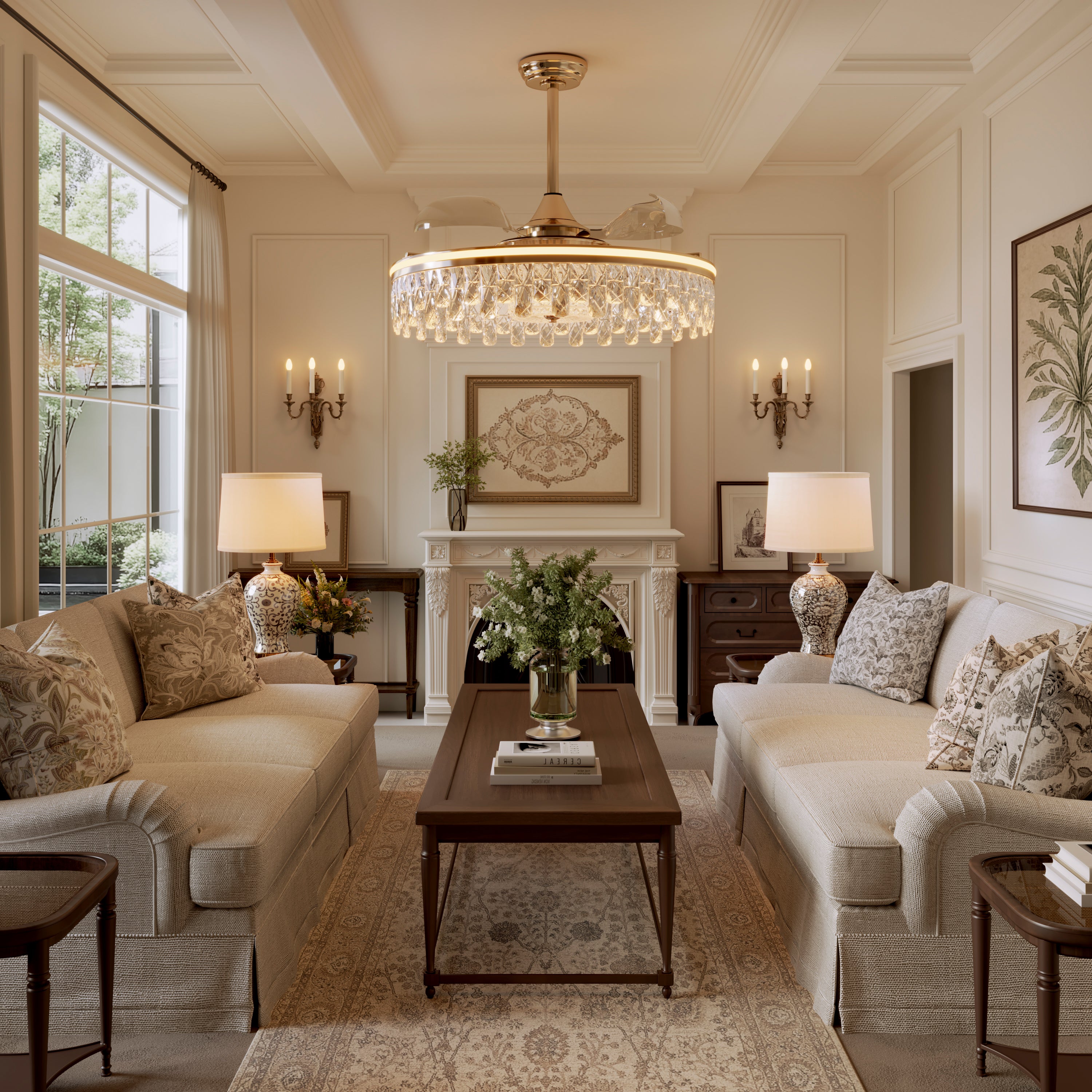 Ceiling Fan with Light Gold Crystal Design & Adjustable Color light in a home interior