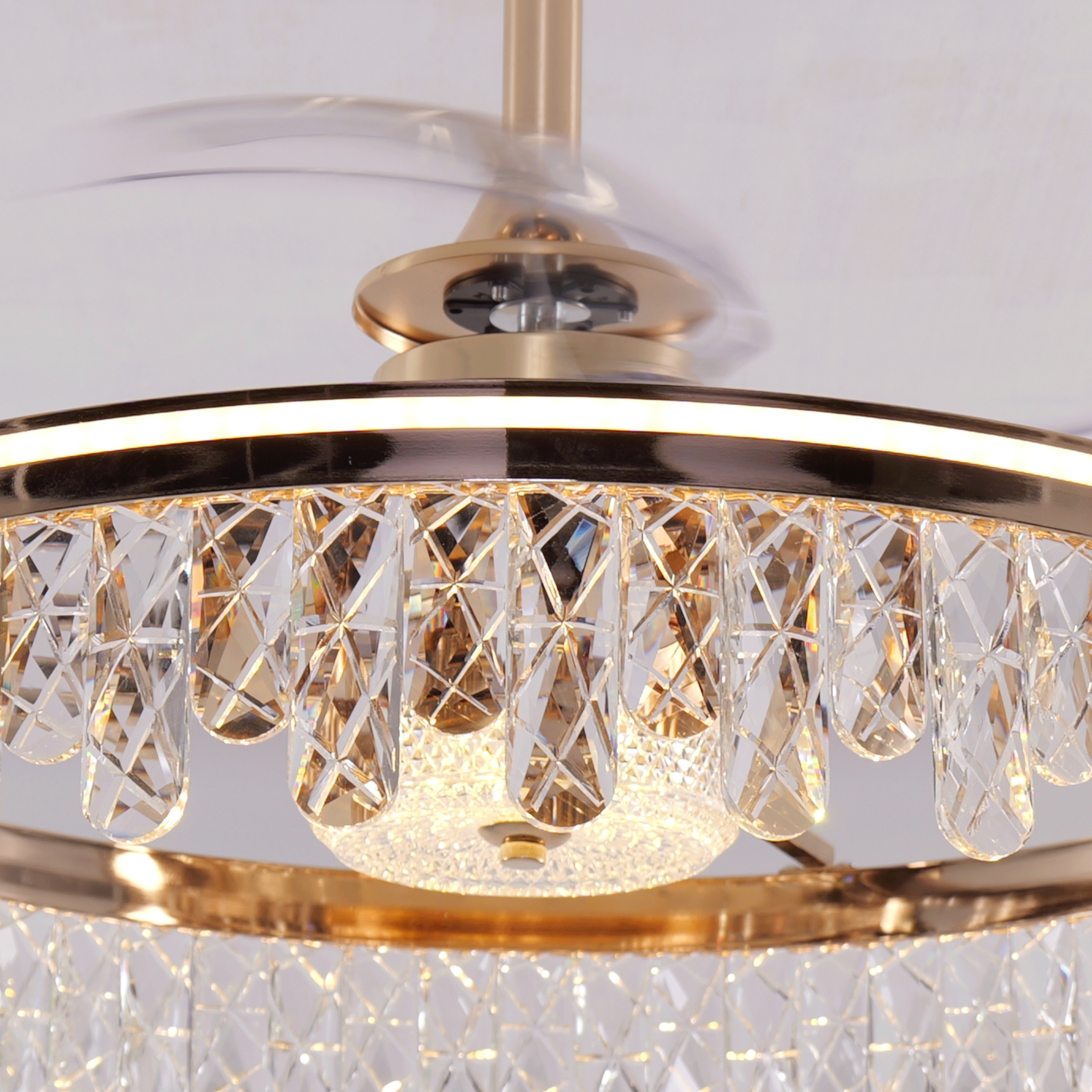 Close-up detail of Ceiling Fan with Light Gold Crystal Design & Adjustable Color