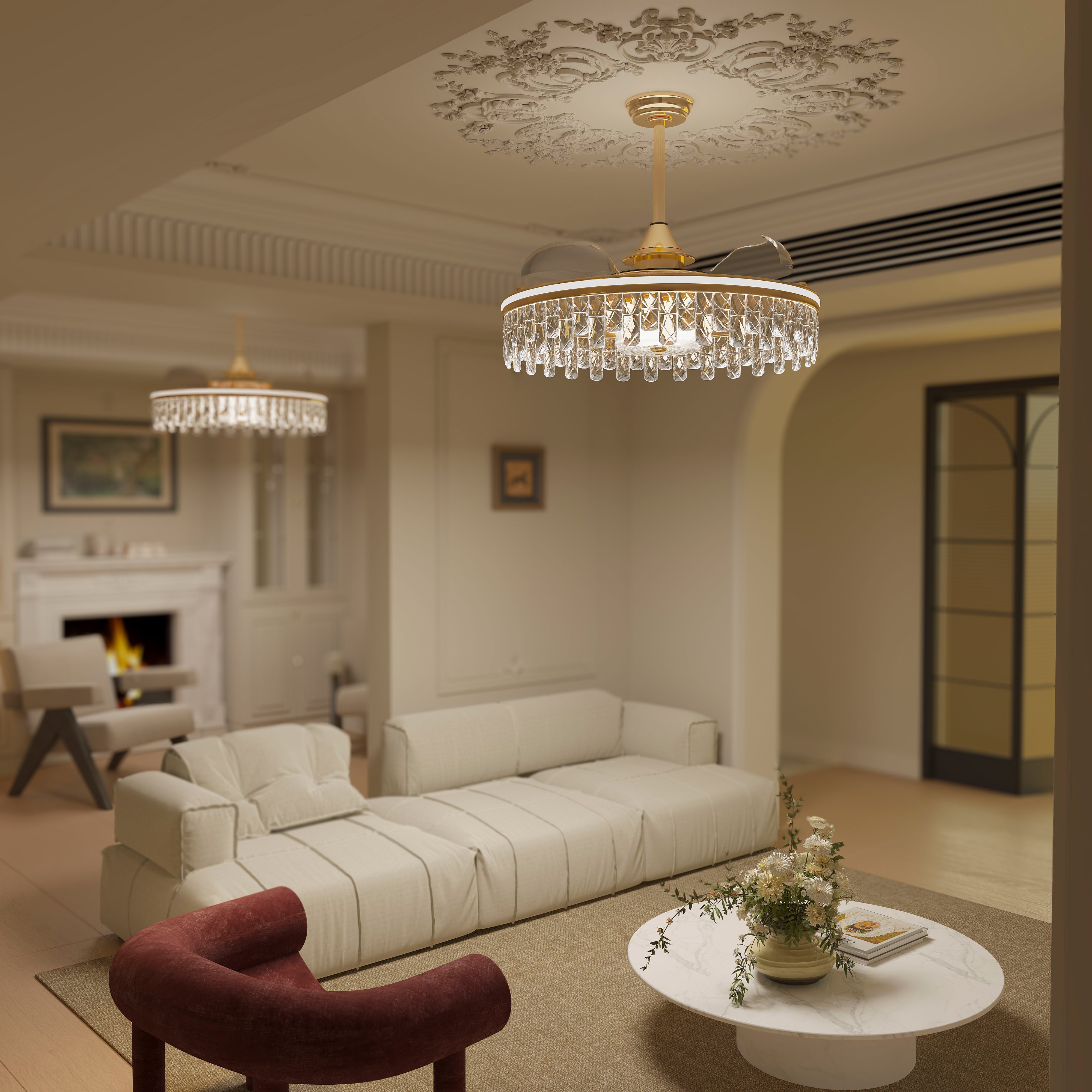Close-up detail of Ceiling Fan with Light Gold Crystal Design & Adjustable Color